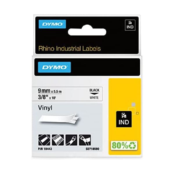 Picture of 9mm DYMO RHINO 18443 Black on White Permanent Vinyl